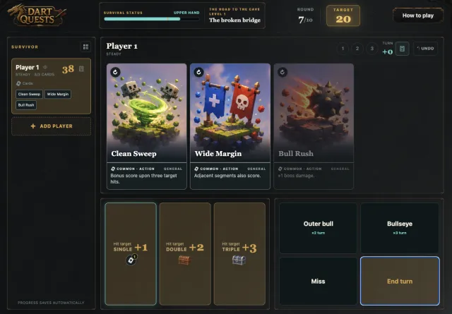 A Dart Quests Campaign turn with action cards and dart controls