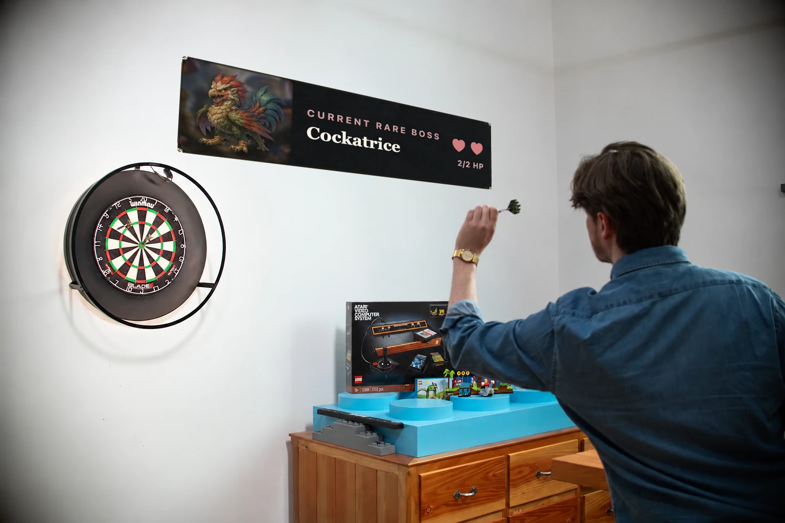A player aiming a dart at a real dartboard in a room
